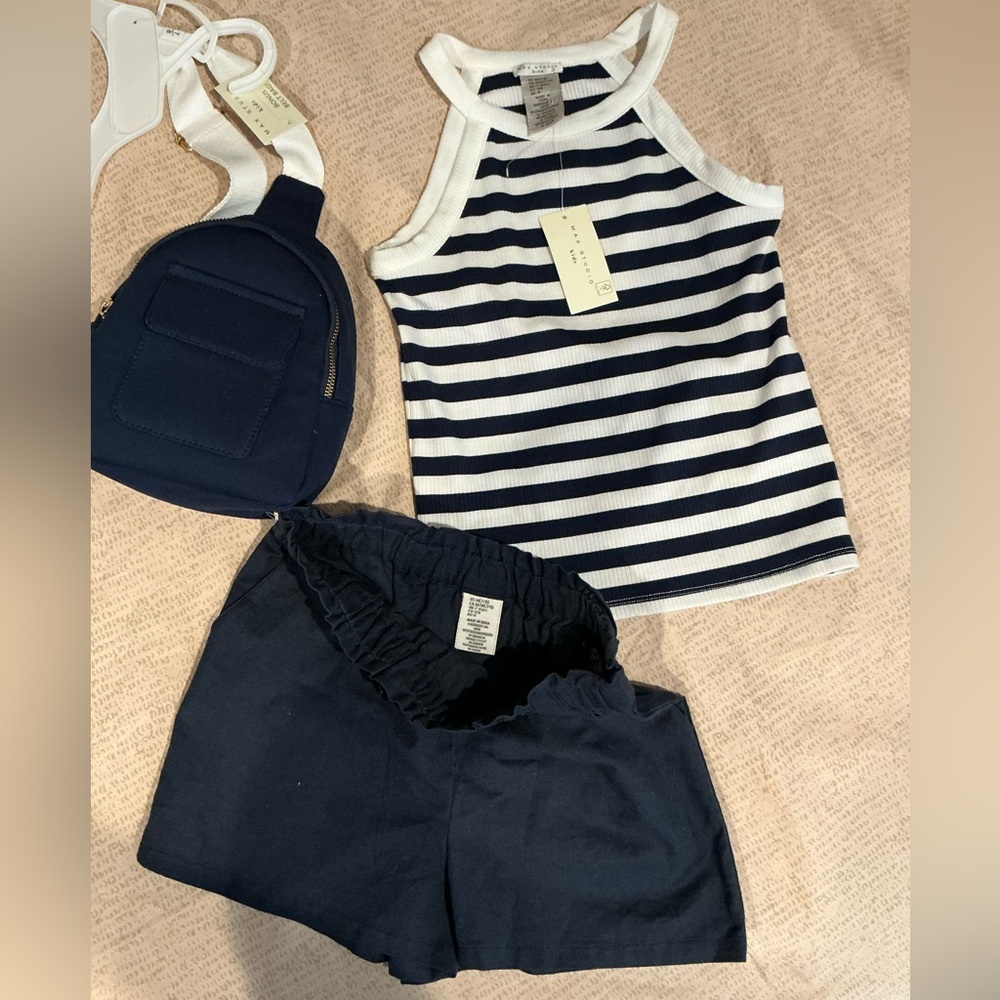 Striped Tank Top and Navy Shorts Set with Navy cross body bag. - Picture 5 of 6
